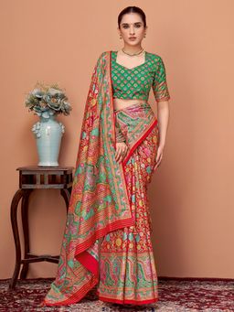 Akhilam - Womens Silk Blend Red Kalamkari Designer Saree with Unstitched Blouse