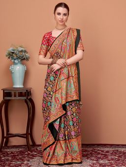 Akhilam - Womens Silk Blend Black Kalamkari Designer Saree with Unstitched Blouse