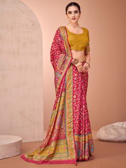 Akhilam - Womens Viscose Silk Red Printed Designer Saree with Unstitched Blouse
