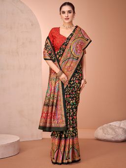 Akhilam - Womens Viscose Silk Black Printed Designer Saree with Unstitched Blouse