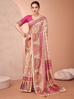 Akhilam - Womens Viscose Silk Cream Printed Designer Saree with Unstitched Blouse