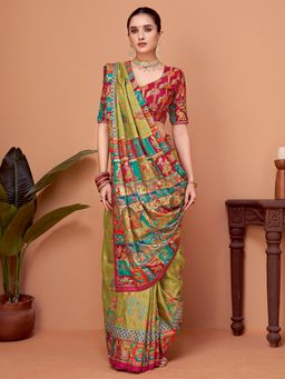Akhilam - Womens Viscose Silk Olive Printed Designer Saree with Unstitched Blouse