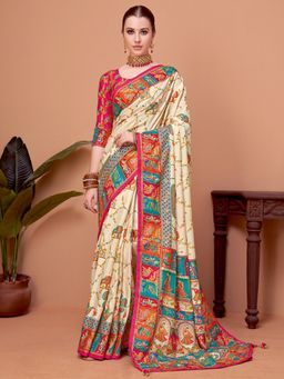 Akhilam - Womens Viscose Silk Cream Printed Designer Saree with Unstitched Blouse