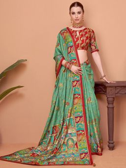 Akhilam - Womens Viscose Silk Turquoise Printed Designer Saree with Unstitched Blouse