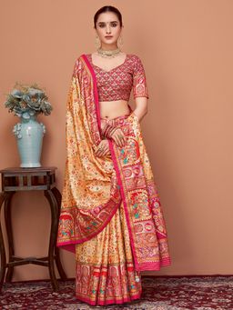 Akhilam - Womens Viscose Silk Beige Printed Designer Saree with Unstitched Blouse