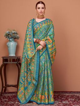Akhilam - Womens Viscose Silk Blue Printed Designer Saree with Unstitched Blouse