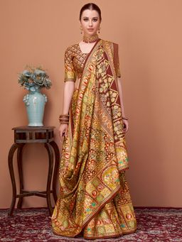 Akhilam - Womens Viscose Silk Camel Brown Printed Designer Saree with Unstitched Blouse