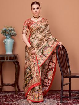 Akhilam - Womens Viscose Silk Beige Printed Designer Saree with Unstitched Blouse