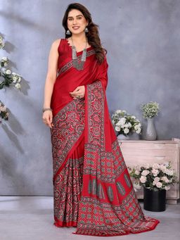 Akhilam - Womens Crepe Red Printed Designer Saree with Unstitched Blouse