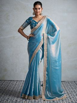 Akhilam - Womens Pure Chiffon Teal Blue Embellished Designer Saree with Unstitched Blouse
