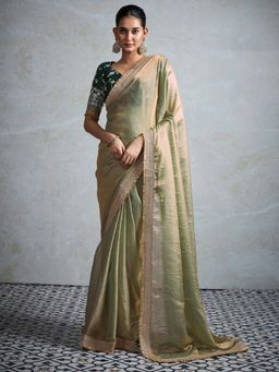 Akhilam - Womens Pure Chiffon Olive Embellished Designer Saree with Unstitched Blouse