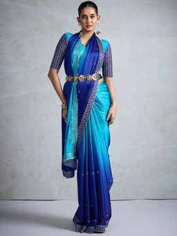 Akhilam - Womens Satin Blue Embellished Designer Saree with Unstitched Blouse