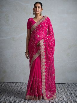 Akhilam - Womens Georgette Pink Embroidered Designer Saree with Unstitched Blouse