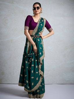 Akhilam - Womens Vichitra Silk Teal Green Embellished Designer Saree with Unstitched Blouse