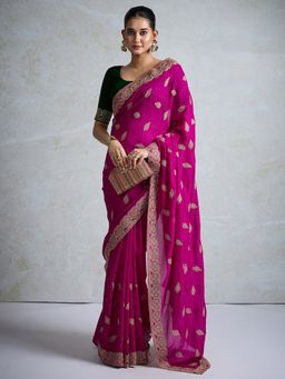Akhilam - Womens Vichitra Silk Pink Embellished Designer Saree with Unstitched Blouse