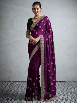 Akhilam - Womens Vichitra Silk Purple Embellished Designer Saree with Unstitched Blouse
