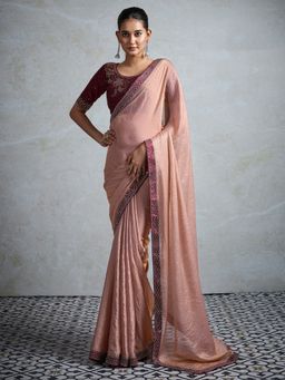 Akhilam - Womens Satin Rose Gold Embellished Designer Saree with Unstitched Blouse