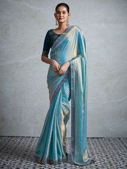 Akhilam - Womens Satin Teal Blue Embellished Designer Saree with Unstitched Blouse