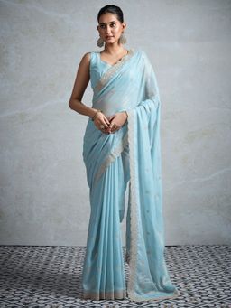 Akhilam - Womens Georgette Light Blue Zari Embroidered Designer Saree with Unstitched Blouse