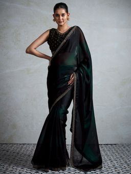 Akhilam - Womens Satin Green Embellished Designer Saree with Unstitched Blouse