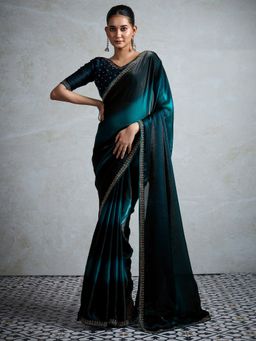 Akhilam - Womens Satin Teal Embellished Designer Saree with Unstitched Blouse