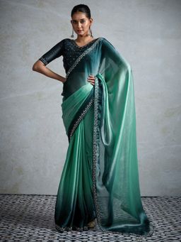 Akhilam - Womens Satin Sea Green Embellished Designer Saree with Unstitched Blouse