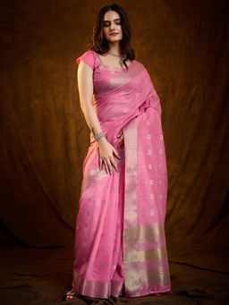 Akhilam - Womens Linen Blend Pink Woven Designer Saree with Unstitched Blouse