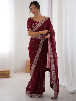 Akhilam - Womens Georgette Maroon Embellished Belt Saree with Unstitched Blouse