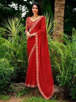 Akhilam - Womens Georgette Red Embroidered Designer Saree with Unstitched Blouse