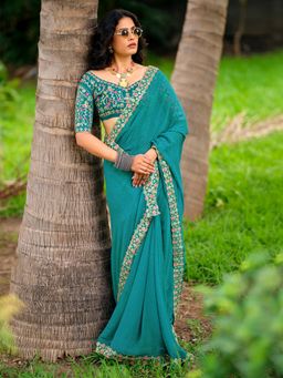 Akhilam - Womens Georgette Turquoise Embroidered Designer Saree with Unstitched Blouse
