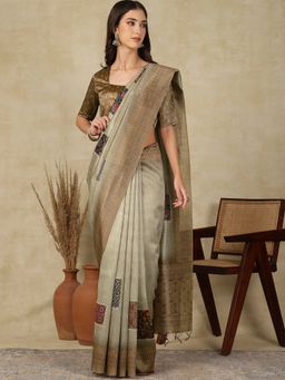 Akhilam - Womens Cotton Silk Sea Green Woven Designer Saree with Unstitched Blouse