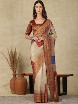 Akhilam - Womens Cotton Silk Beige Woven Designer Saree with Unstitched Blouse
