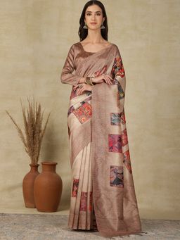 Akhilam - Womens Cotton Silk Beige Woven Designer Saree with Unstitched Blouse