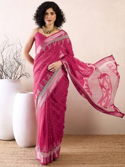 Akhilam - Womens Cotton Linen Pink Printed Ready To Wear Saree with Unstitched Blouse