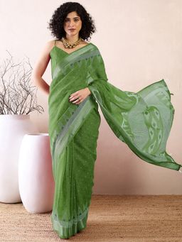 Akhilam - Womens Cotton Linen Green Printed Ready To Wear Saree with Unstitched Blouse