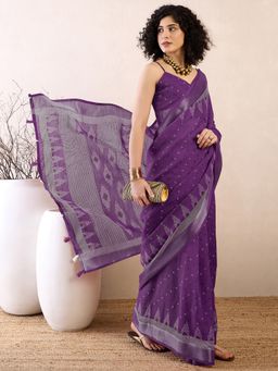 Akhilam - Womens Cotton Linen Purple Printed Ready To Wear Saree with Unstitched Blouse