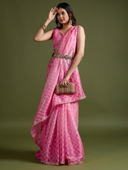 Akhilam - Womens Organza Pink Embellished Designer Saree with Unstitched Blouse