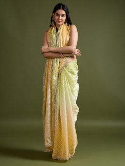 Akhilam - Womens Organza Yellow Embellished Designer Saree with Unstitched Blouse