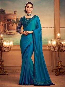 Akhilam - Womens Silk Blend Teal Blue Embellished Designer Saree with Unstitched Blouse