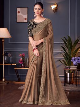 Akhilam - Womens Pure Chiffon Beige Embellished Designer Saree with Unstitched Blouse