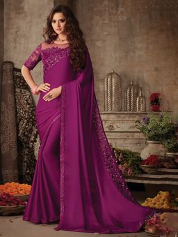 Akhilam - Womens Satin Silk Purple Embellished Designer Saree with Unstitched Blouse