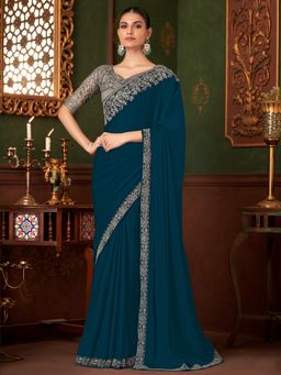 Akhilam - Womens Chiffon Teal Blue Embellished Designer Saree with Unstitched Blouse