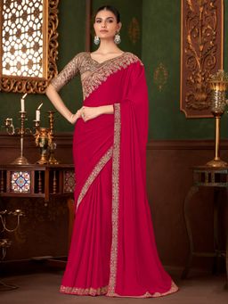 Akhilam - Womens Chiffon Red Embellished Designer Saree with Unstitched Blouse