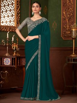Akhilam - Womens Chiffon Teal Green Embellished Designer Saree with Unstitched Blouse