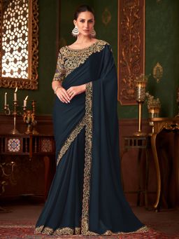 Akhilam - Womens Satin Silk Navy Blue Embellished Designer Saree with Unstitched Blouse