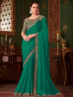 Akhilam - Womens Satin Silk Sea Green Embellished Designer Saree with Unstitched Blouse