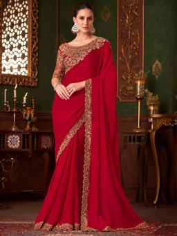 Akhilam - Womens Satin Silk Red Embellished Designer Saree with Unstitched Blouse