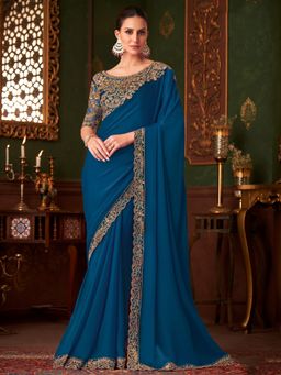 Akhilam - Womens Satin Silk Blue Embellished Designer Saree with Unstitched Blouse