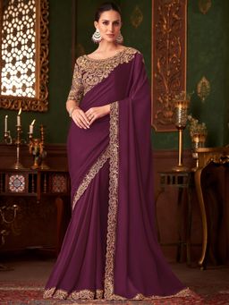 Akhilam - Womens Satin Silk Burgundy Embellished Designer Saree with Unstitched Blouse