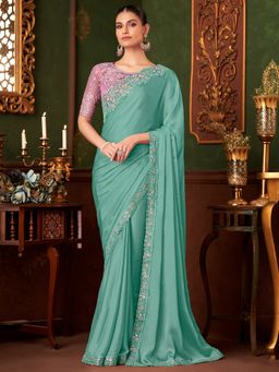 Akhilam - Womens Chiffon Light Blue Embellished Designer Saree with Unstitched Blouse
